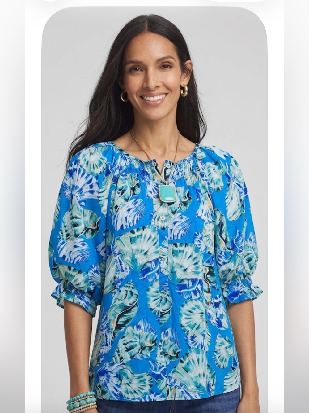 Chicos size 1.5 US M puff sleeve Blue shell print Tropical button front blouse